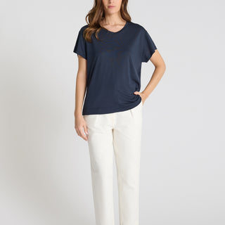 T-shirt femme coton bleu marine col rond manches courtes coupe droite Narcosn
