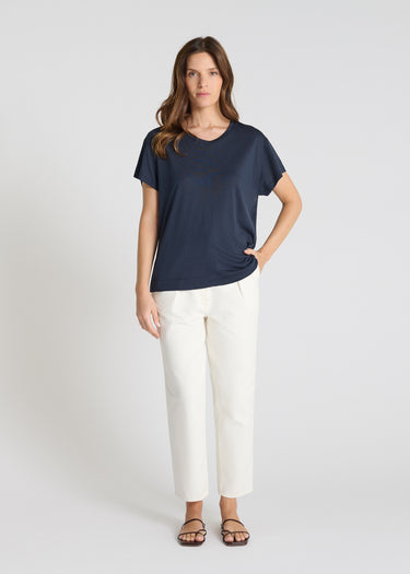 T-shirt femme coton bleu marine col rond manches courtes coupe droite Narcosn
