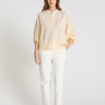 Blouse rayée jaune twill coton, manches longues boule, encolure soignée, chemisier femme chic tendance
