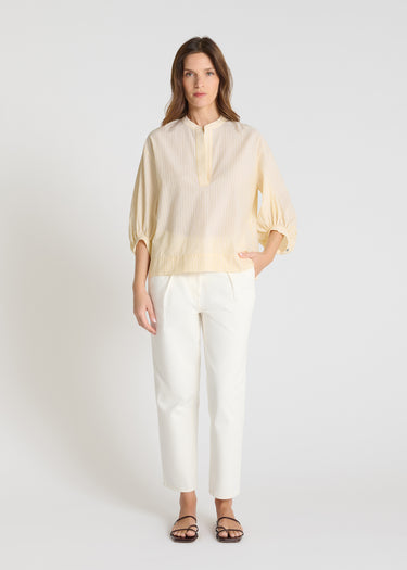 Blouse rayée jaune twill coton, manches longues boule, encolure soignée, chemisier femme chic tendance
