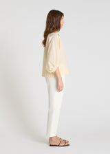 Vue dos blouse rayée jaune, coupe boîte structurée, chemisier femme coton style estival contemporain
