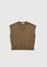Pull sans manche femme mérinos camel – Orfeo, nervure devant et dos, coupe droite courte
