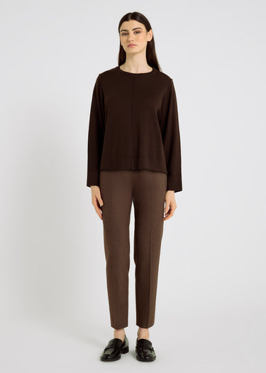 Pull Oleg marron chocolat en laine mérinos, vue de face – encolure ronde, maille fine et douce
