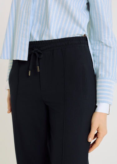 Pantalon en flanelle bleu marine femme – Oliver, jambes larges, tenue élégante pantalon femme
