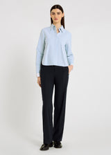 Pantalon Oliver bleu nuit en flanelle, vue de face – jambes larges droites, taille élastiquée
