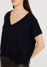 Pull en laine mérinos femme, manches courtes, col V, bleu marine – pull chic intemporel Orfeo
