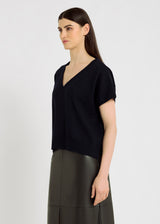 Pull mérinos femme bleu nuit, coupe courte droite, fentes côtés, doux et chaud – Orfeo
