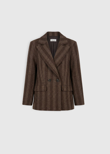 Veste femme tweed rayé marron – Pearl, pinces de construction et découpes structurantes, long
