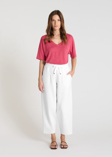 Pantalon molleton femme blanc Palamede - Jogging carotte taille élastique, plis devant, coupe structurée confortable
