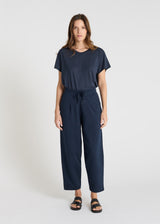 Pantalon molleton femme Palamède bleu marine coupe carotte taille élastiquée plis devant
