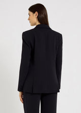 Blazer Paolina S bleu nuit, détail col satin ton sur ton – coupe droite longue, style smoking
