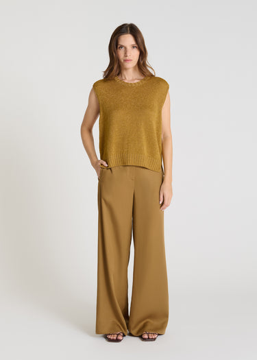 Pull sans manche femme Patchouli doré lin brillant col rond bandes épaules structurantes
