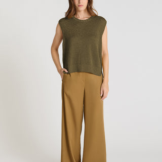 Pull sans manche femme Patchouli kaki lin brillant col rond bandes épaules structurantes
