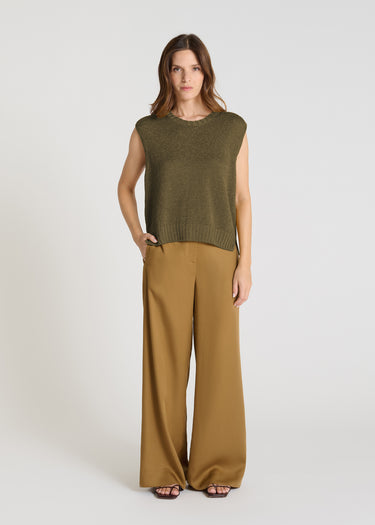 Pull sans manche femme Patchouli kaki lin brillant col rond bandes épaules structurantes
