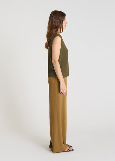 Pull Patchouli kaki porté pull sans manche femme lin brillant volume droit estival
