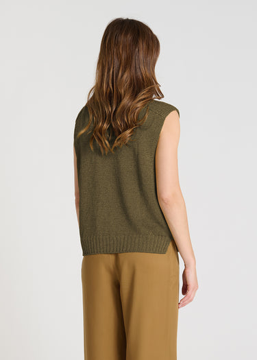 Vue arrière pull Patchouli kaki bandes épaules structurantes maille lin lumineuse
