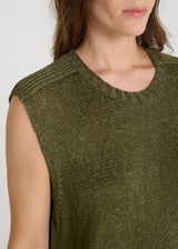 Détail pull Patchouli kaki maille lin brillante col rond bord-côte finitions nettes
