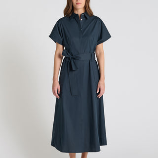 Robe chemise femme Pervenche bleu marine popeline col chemise sans manches ceinture à nouer
