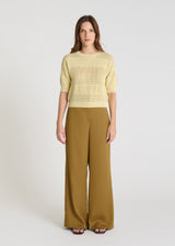 Pull manche courte femme Posy jaune coton ajouré volume droit court encolure ronde
