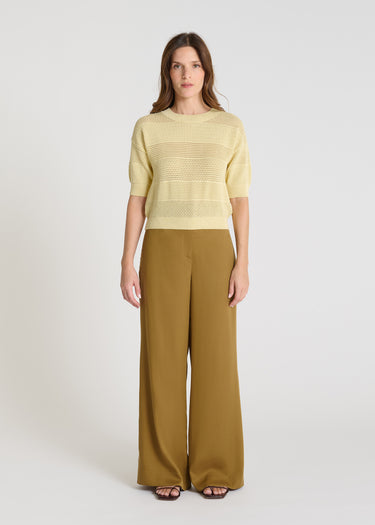 Pull manche courte femme Posy jaune coton ajouré volume droit court encolure ronde

