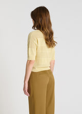 Vue arrière pull Posy jaune maille ajourée coton volume droit court bord-côte
