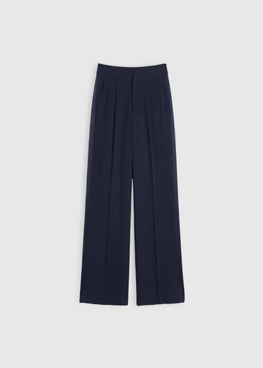 Pantalon tailleur femme bleu marine – Raul S, crêpe fluide, poches italiennes, style smoking
