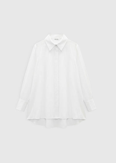 Chemise blanche femme chic – Rebecca, ouverture partielle, demi-patte boutonnage, boutons nacre

