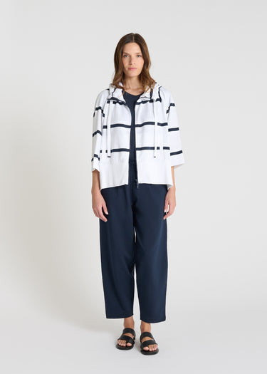 Veste molleton femme Rajan R blanc rayé capuche zip double curseur manches 3/4 poches bord-côte
