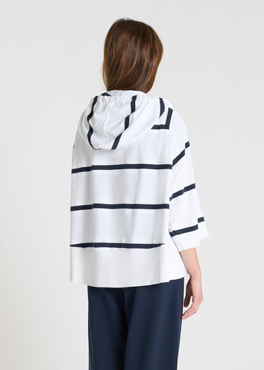 Détail veste Rajan R blanc rayé molleton zip double curseur capuche liens bord-côte
