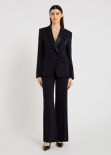 Pantalon Raul S bleu nuit, vue de face – taille haute, bande satin ton sur ton, coupe droite
