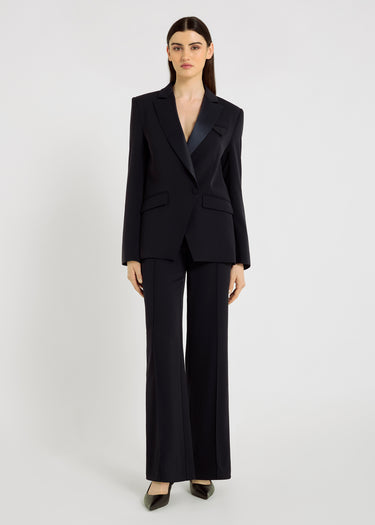 Pantalon Raul S bleu nuit, vue de face – taille haute, bande satin ton sur ton, coupe droite

