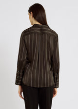 Chemise soie rayée marron chocolat – Renee, volume droit long, tenue chic femme soirée
