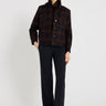 Veste Rosamund bleu nuit en laine, vue de face – col montant martingale, boutons en corne
