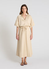 Jupe longue blanche femme Rosie satin coton coupe évasée taille élastiquée poches italiennes
