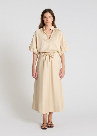 Jupe longue blanche femme Rosie satin coton coupe évasée taille élastiquée poches italiennes
