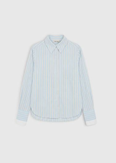 Chemise femme bleu ciel à rayures, double poignet contrasté, patte boutonnage cachée – Sophie
