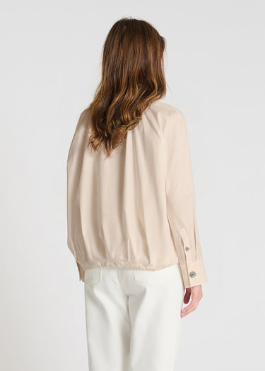 Chemisier pour femme beige zip devant, plis structurés effet boule tenue chic – Senecon
