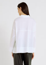 Blouse femme fluide chic blanc optique, coton stretch, silhouette légère – Simone

