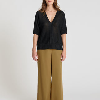 Pull sans manche femme Soma noir lin brillant col V volume boîte bande rapportée
