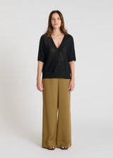 Pull sans manche femme Soma noir lin brillant col V volume boîte bande rapportée
