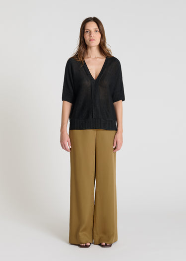 Pull sans manche femme Soma noir lin brillant col V volume boîte bande rapportée
