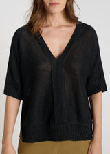 Détail pull Soma noir maille lin brillante col V bande rapportée finitions bord-côte
