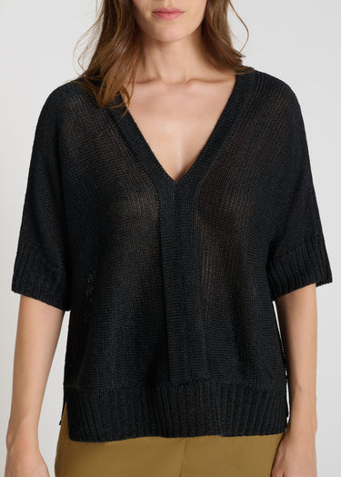 Détail pull Soma noir maille lin brillante col V bande rapportée finitions bord-côte
