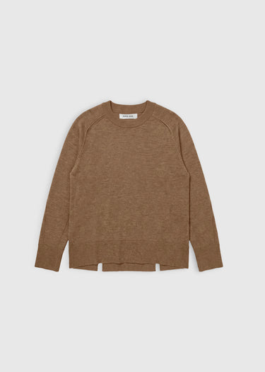 Pull laine mérinos 100% beige caramel, encolure ronde, bord-côte, manches longues – Tupac

