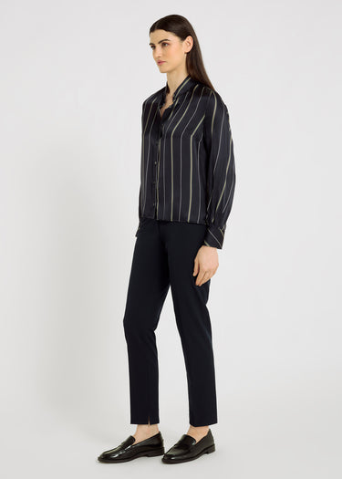 Pantalon femme élégant bleu marine, coupe droite intemporelle, finitions passepoil – Tomas
