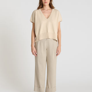 Pull sans manche femme Tournesol beige sable coton col V volume boîte bord-côte graphique
