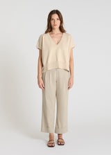 Pull sans manche femme Tournesol beige sable coton col V volume boîte bord-côte graphique
