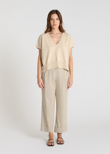 Pull sans manche femme Tournesol beige sable coton col V volume boîte bord-côte graphique
