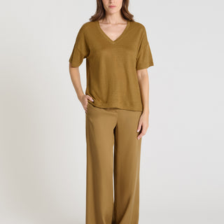 T-shirt jersey lin marron bronze femme, col V, manches courtes, base évasée - Valerio
