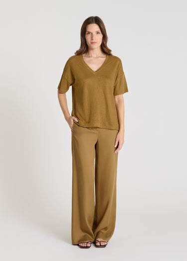T-shirt jersey lin marron bronze femme, col V, manches courtes, base évasée - Valerio

